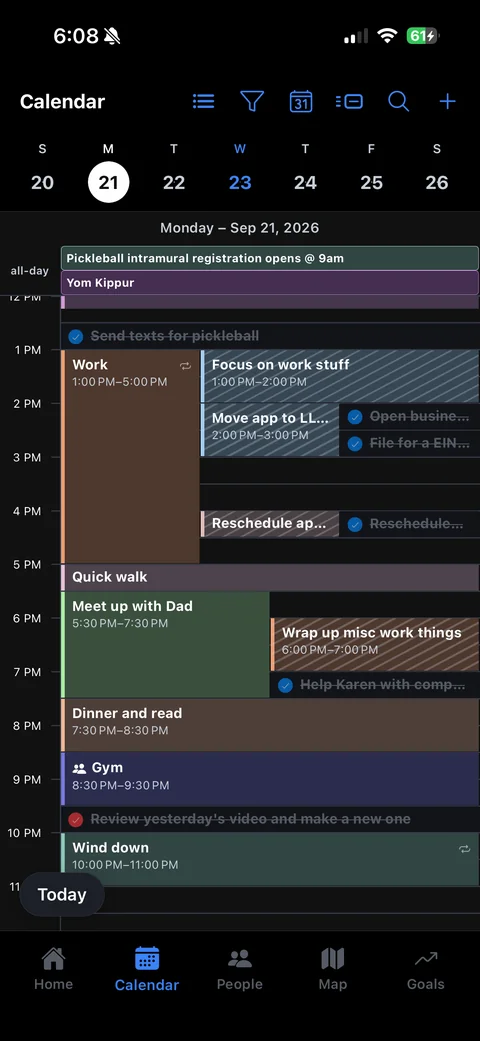 Post-Mission Planner calendar showing a daily schedule