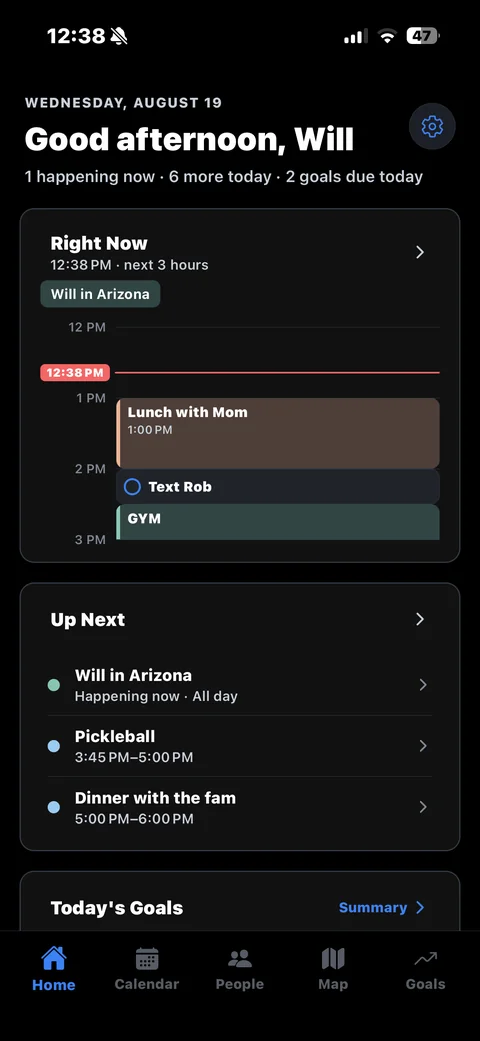 Post-Mission Planner home screen with upcoming events and daily goals